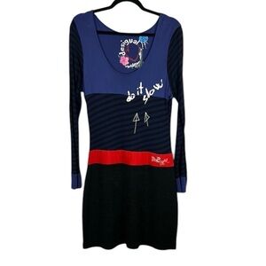 Desigual Colourblock Striped Mix Media Long Sleeve Sheath Dress XL Black